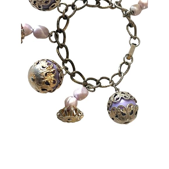 Ornate Charm Bracelet Brass Ball Stone Chain Purple Gold 7" Chunky Jewels Vtg - Picture 3 of 4